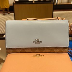 Coach Signature Slim C5966 Trifold Wallet In Khaki Powder Blue